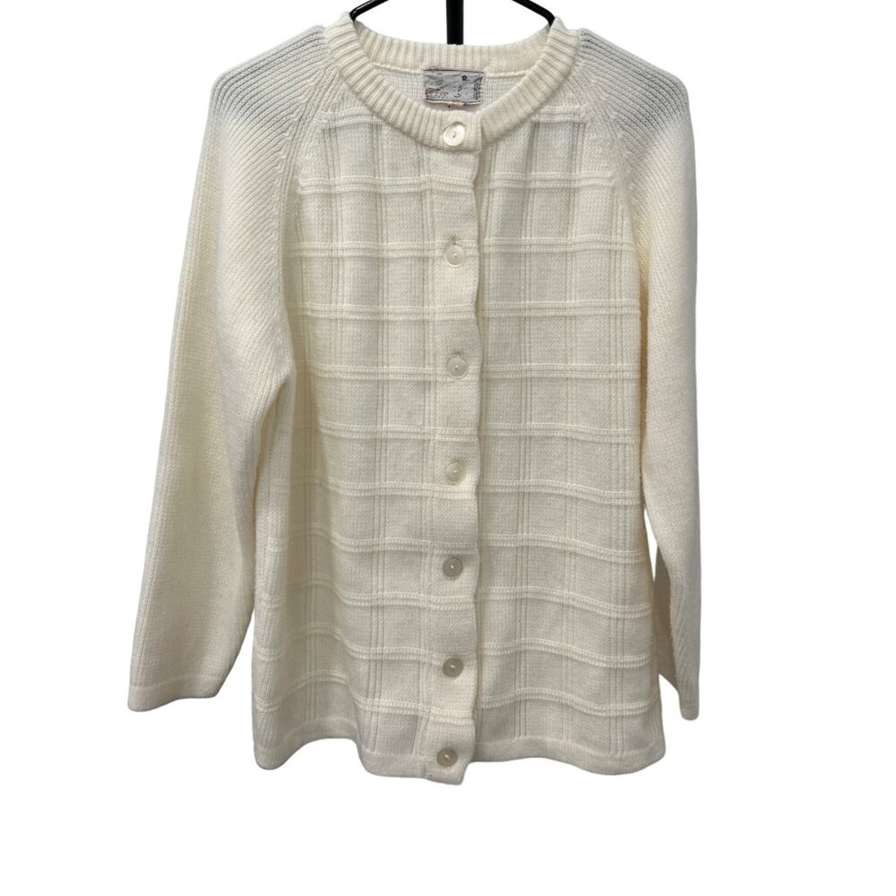 Vintage Cream Wool Knit Button Up Cardigan Classic Warm Winter Sweater